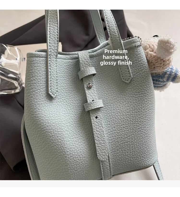 Fashionable Bucket Handbag Women's Shoulder Bag Spring Versatile Commuting Crossbody Bag Soft PU Leather Magnetic Buckle Closure