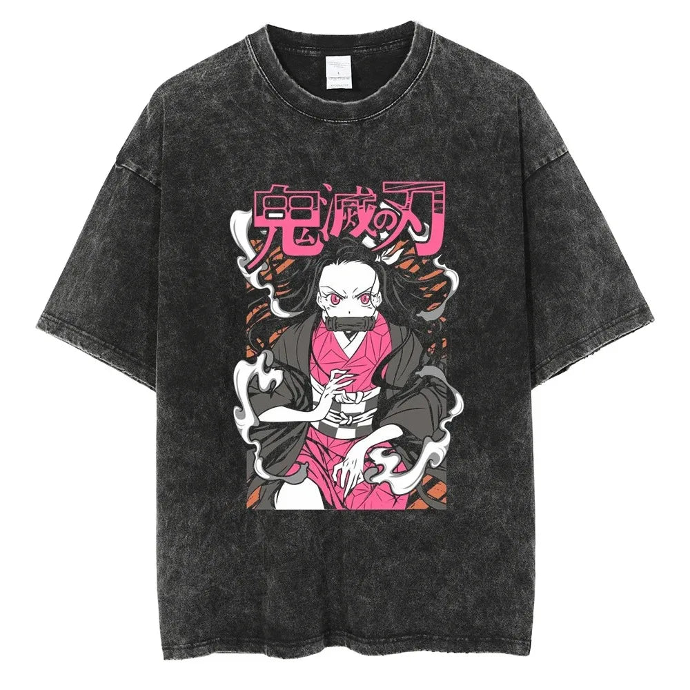 Hot Anime Demon Slayer Kokushibo Graphic T-Shirt Men Women Manga Tshirts Washed Cotton T Shirt Harajuku Unisex Vintage Top Tees