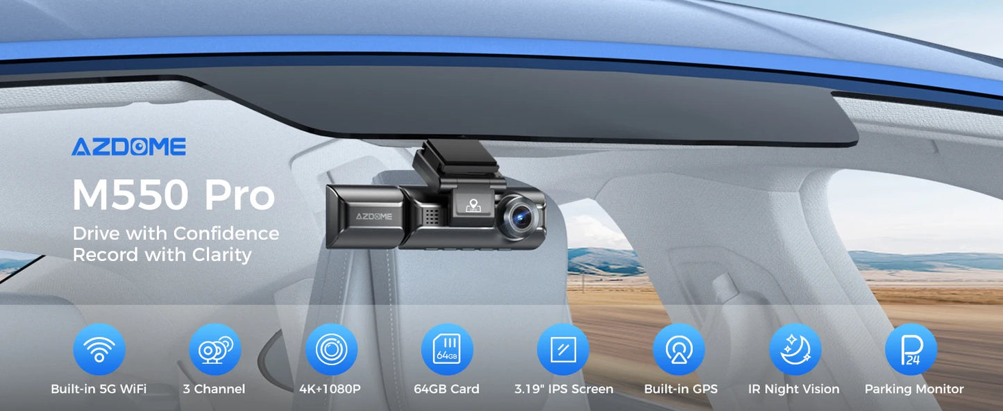 AZDOME M550 Pro Dash Cam 4K+1080P Built-in GPS 5G WiFi 3.19" IPS Screen Camera for Cars IR Night Vision 24H Parking Mode