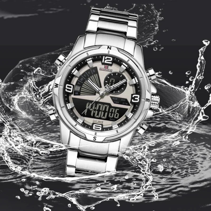 NAVIFORCE Men's Watch 3ATM Waterproof Multifunctional Dual Display with Date Stainless Steel Strap Luxury Business Wristatch