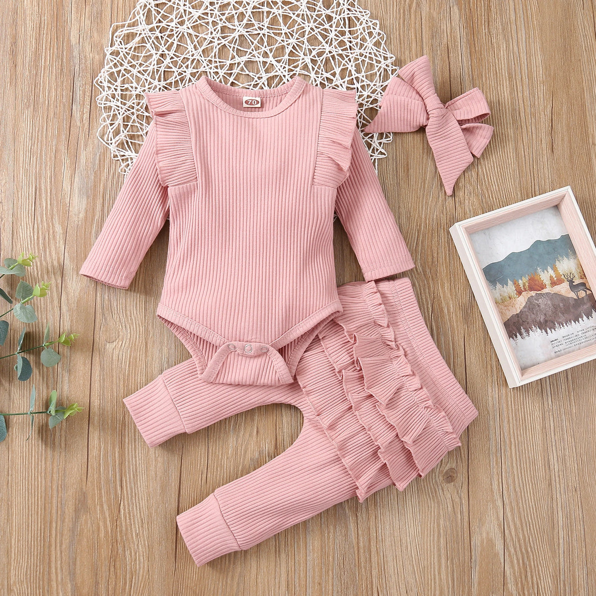 3Pcs Baby Girl Outfit Set Newborn Toddler Kids Clothing Set Baby Girls Lace Ruffles Cotton Bodysuit +Pants+Headband Clothing