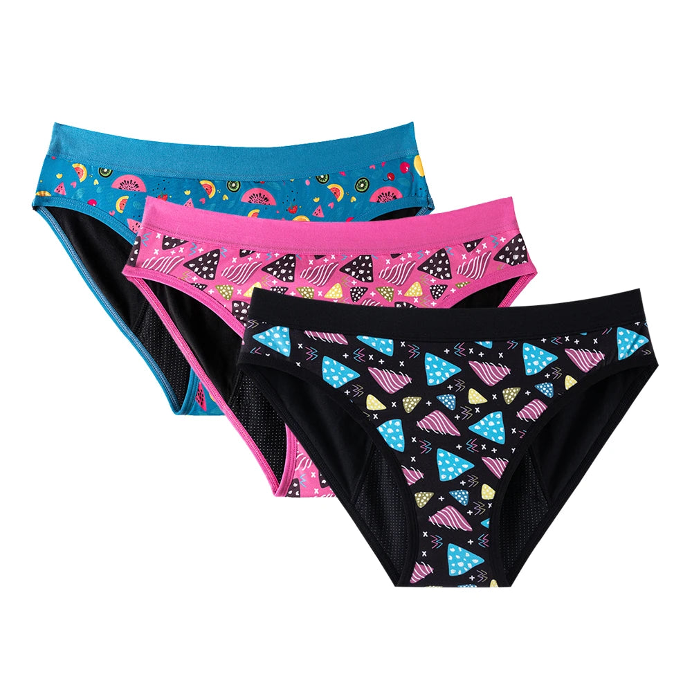 3PCS/Lot Girls Cotton Menstrual Panties For Teenager Printing Fabric Underwear 4-Layers Medium Flow Absorption Panties for Girls