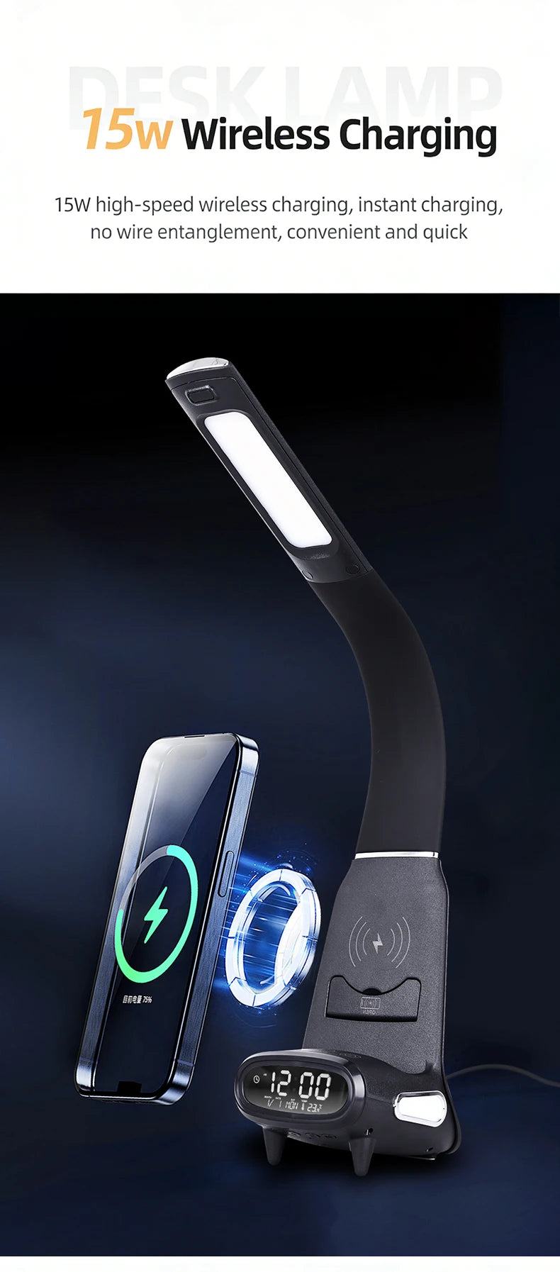 Multi-Function Eye-Protecting Reading Desk Lamp for Students 3000K-6000K Stepless Dimming 15W Wireless Fast Charging Study Light