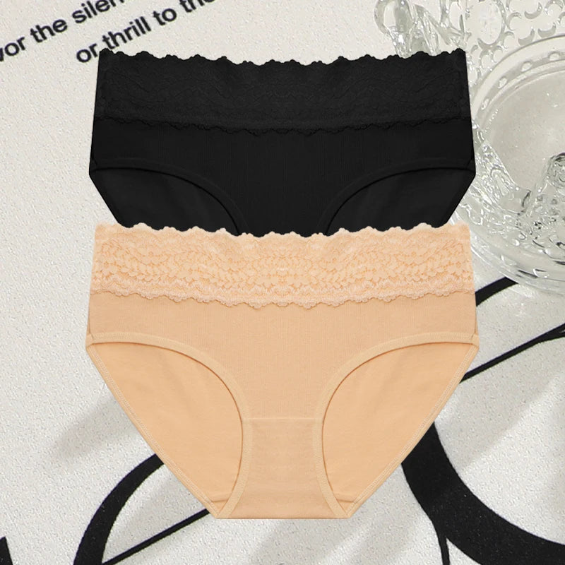 FINETOO 2Pcs Women Cotton Seamless Underwear Sexy Lace Waist Patchwork Panties Female Solid Briefs Plus size Breathable Lingerie