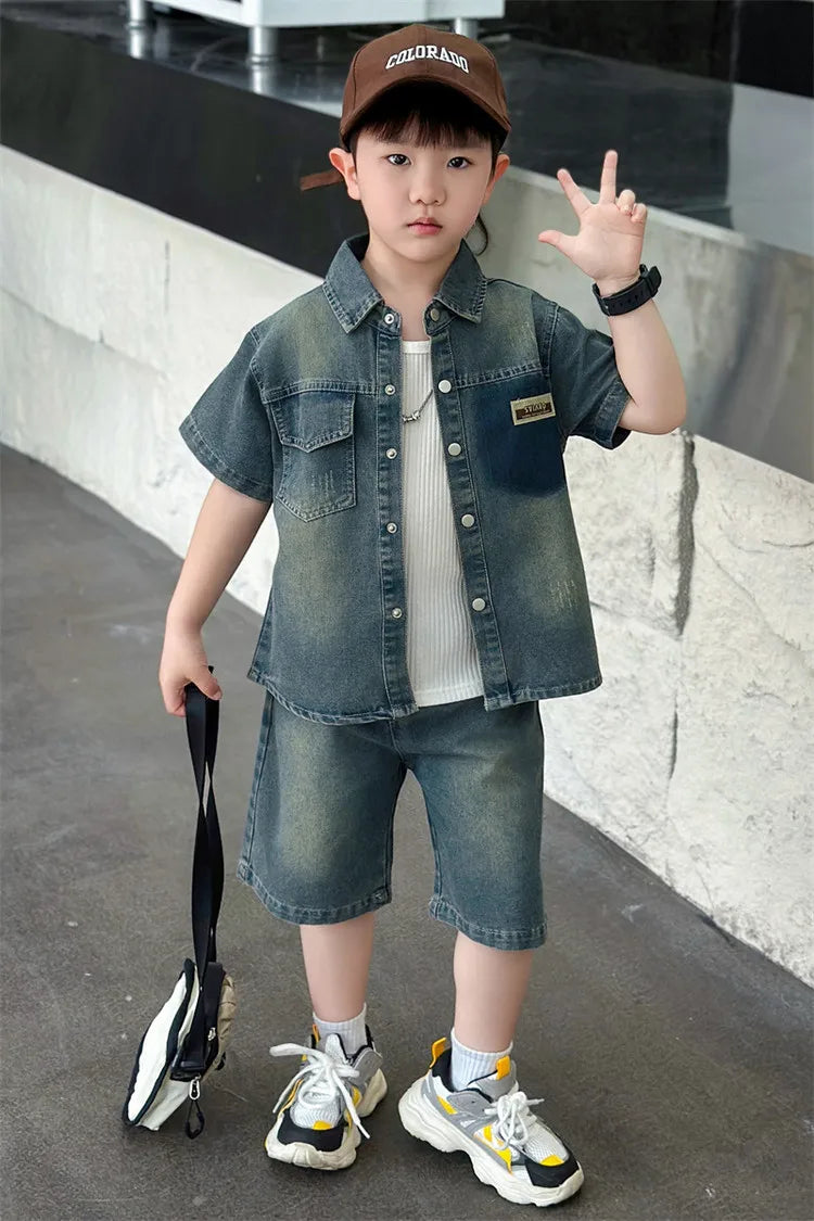 2025 Trendy Boys' Denim Set Vintage Wash Short Sleeve Shirt & Shorts 2-Piece Summer Outfit