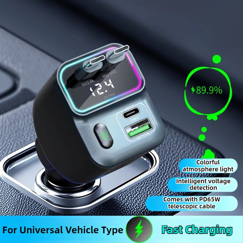 Scalable Car Charger 4in1 Fast Charging Car Charger with 72W Retractable Cable and PD65W USB Port Compatible with Type-C Adapter