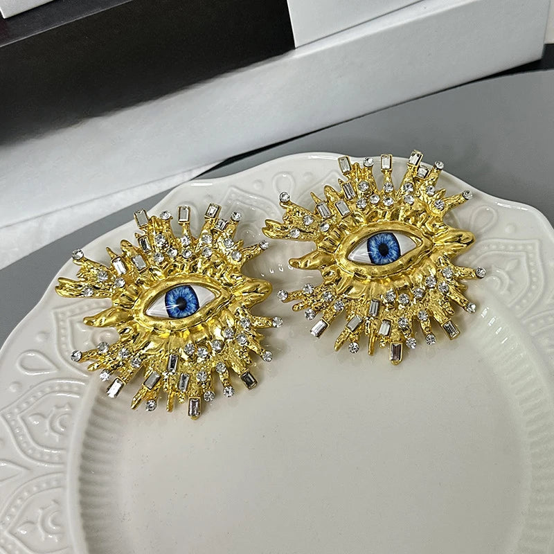 Exaggerated Sparkling Crystal Eye Earrings Retro Luxury Open Ring Brooch Earring Set