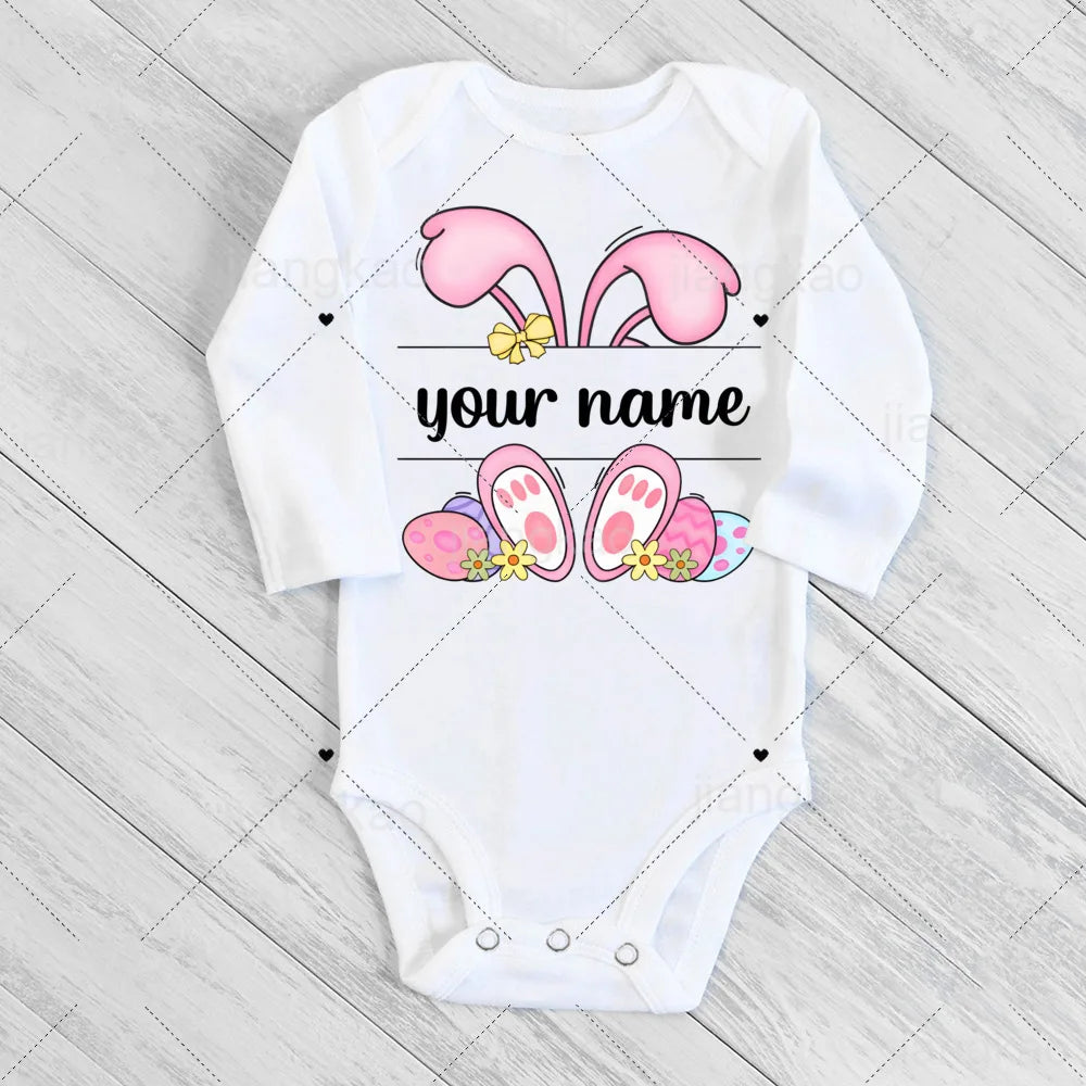 Personalized Easter Romper Easter Bunny Romper Custom Name Baby Girls Cute Outfit Newborn First Easter Party Clothes