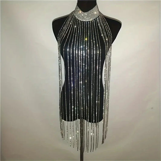Women's Luxury Sparkling Chest Chain Rhinestone Crystal Long Tassel Bra Chain Sexy Hollow Chest Chain Top Sexy Dress Chain
