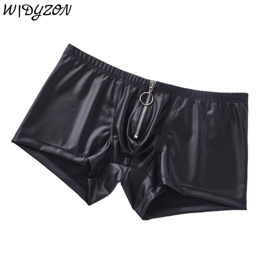 Sexy Men's Panties Faux Leather Men Boxer Shorts Underpants Zipper Slip Homme U Pouch Mens  Boxers Lingerie Cueca Calzoncillo