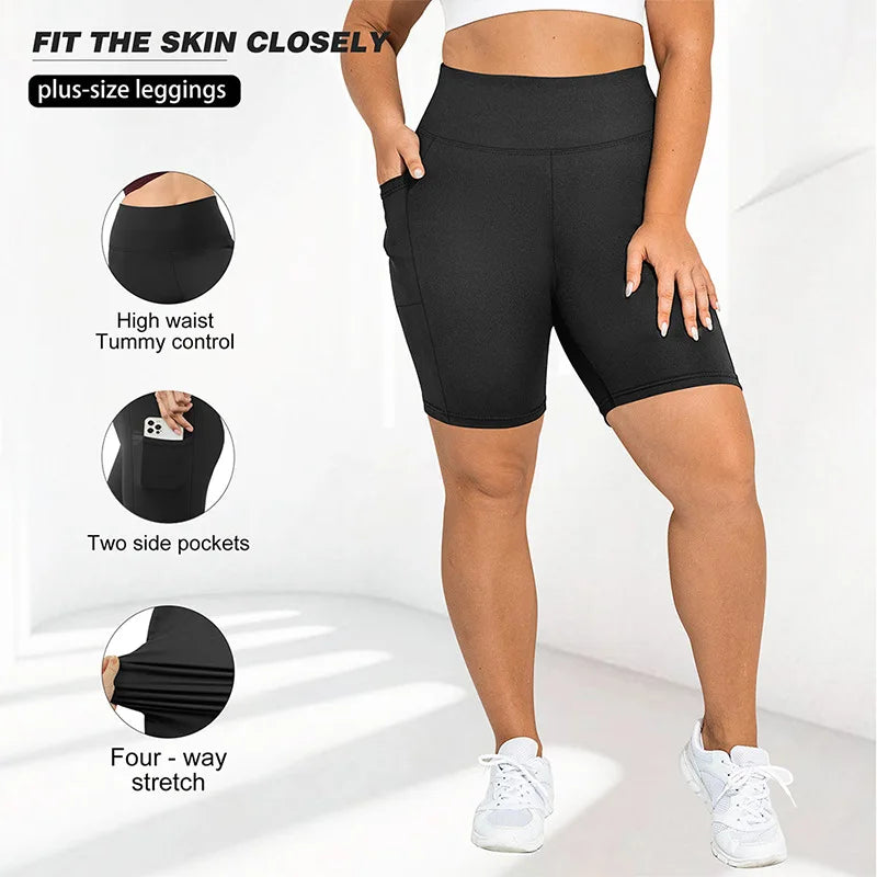 High Waist Plus Size Leggings Yoga Shorts for Women with Pockets, Non-See Through Shorts for Women