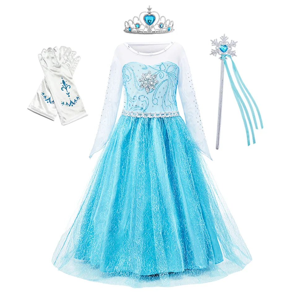 Disney Elsa Anna Princess Dress Girls Mesh Ball Gown Halloween Carnival Birthday Clothing Kids Cosplay Snow Queen Frozen Costume