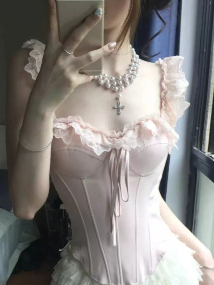 France Lace Pink Camisole Women Hot Girl Sweet Design Off Shoulder Slim Hollow Out Solid Vest Female Elegant Fashion Clothes