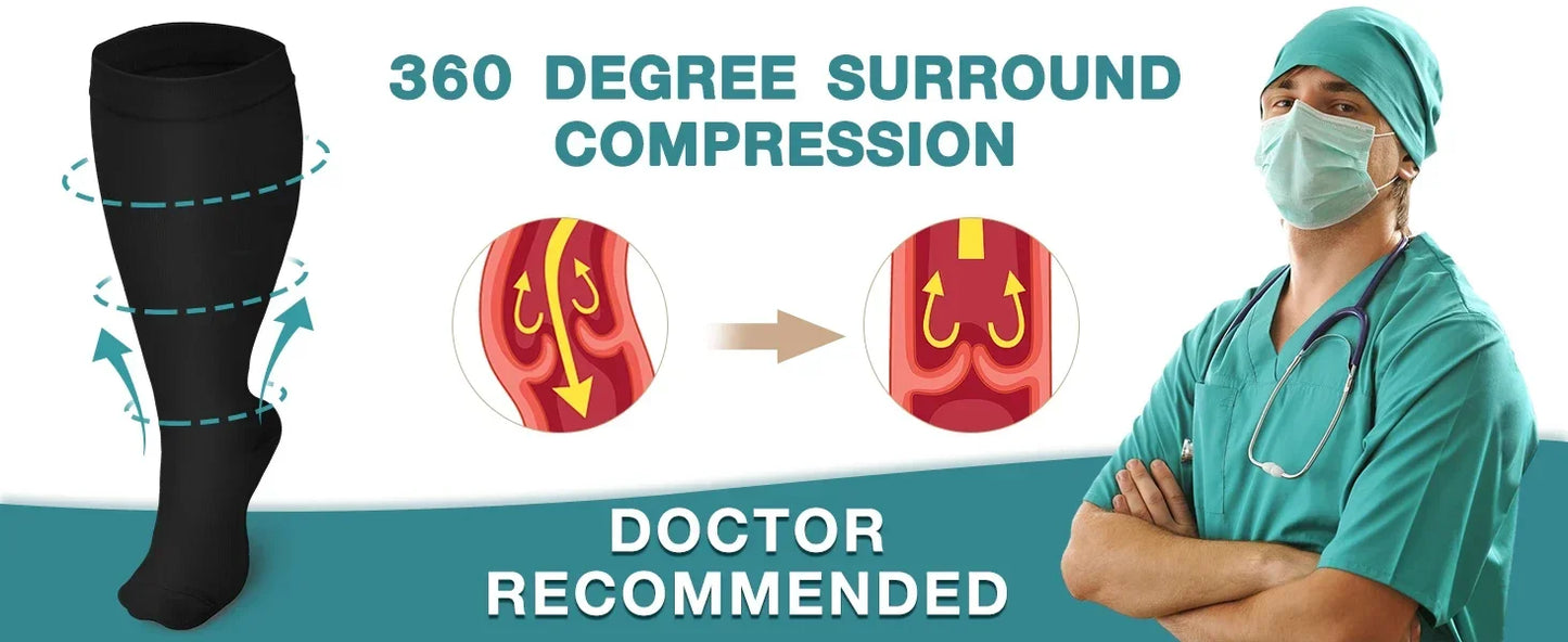 Plus Size Compression Socks for Women Men 20-30 MmHg Wide Calf Extra Large Knee High Flight Sock for Circulation Support 2XL-4XL