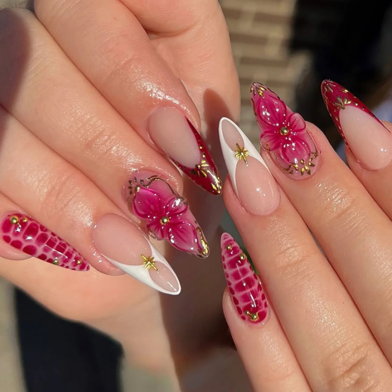 24pcs Long Almond False Nails with Flower Pearl Rhinestone Design Fake Nails Leopard Print Press on Nails Sets Finished Manicure