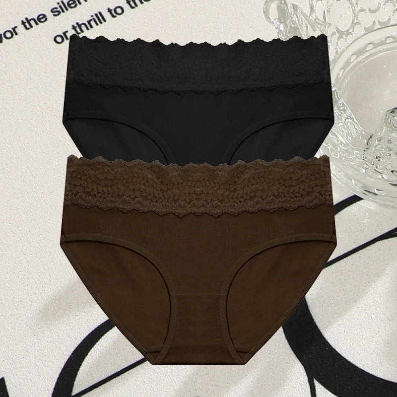 FINETOO 2Pcs Women Cotton Seamless Underwear Sexy Lace Waist Patchwork Panties Female Solid Briefs Plus size Breathable Lingerie