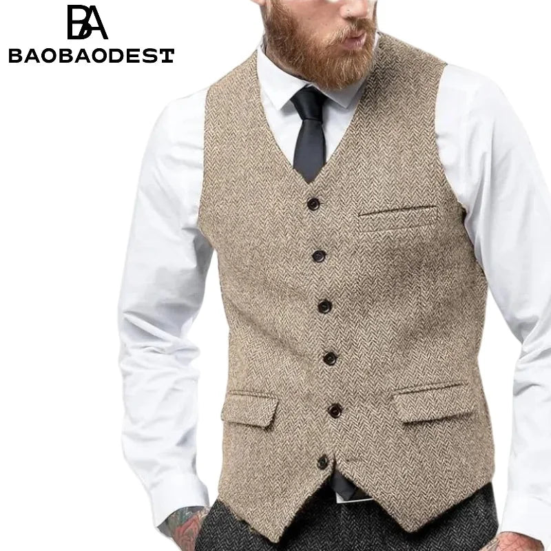 Men's Vintage Herringbone Vest | Slim Fit Wool Tweed Waistcoat for Prom/Wedding (Classic Retro Style)   Herringbone Weave