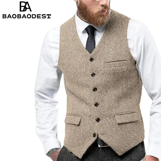 Men's Vintage Herringbone Vest | Slim Fit Wool Tweed Waistcoat for Prom/Wedding (Classic Retro Style)   Herringbone Weave