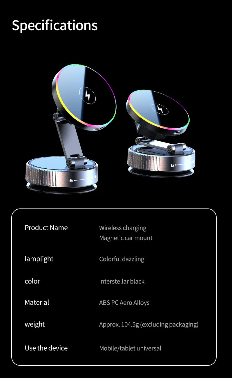 15W Vacuum Suction Magnetic Wireless Charger Car Phone Holder Mount 360 degree Rotatable Compatible with Smartphones for iPhone