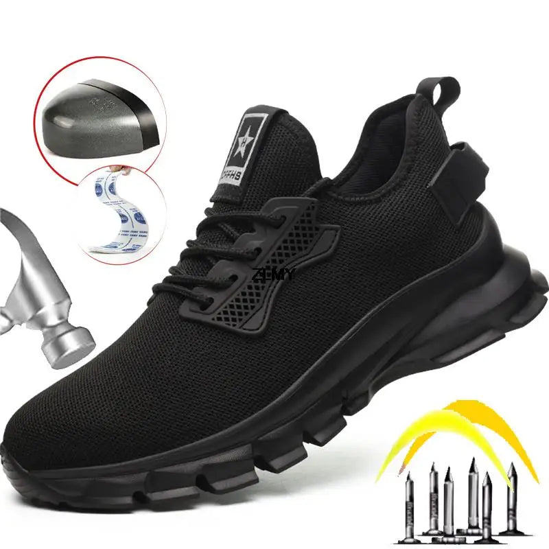 Black Safety Shoes Men Steel Toe Sneakers Lightweight Puncture Proof Work Safety Boots Man Breathable Working Shoes Anti-smash
