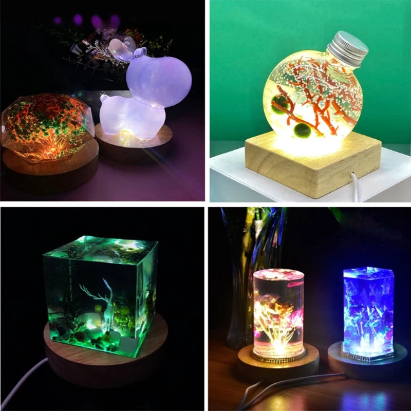 DIY Round LED Base Vase Light with Remote Control Resin Display Wood Lighted Base Stand 12 Colors RGB Adjustable Light Drop Ship