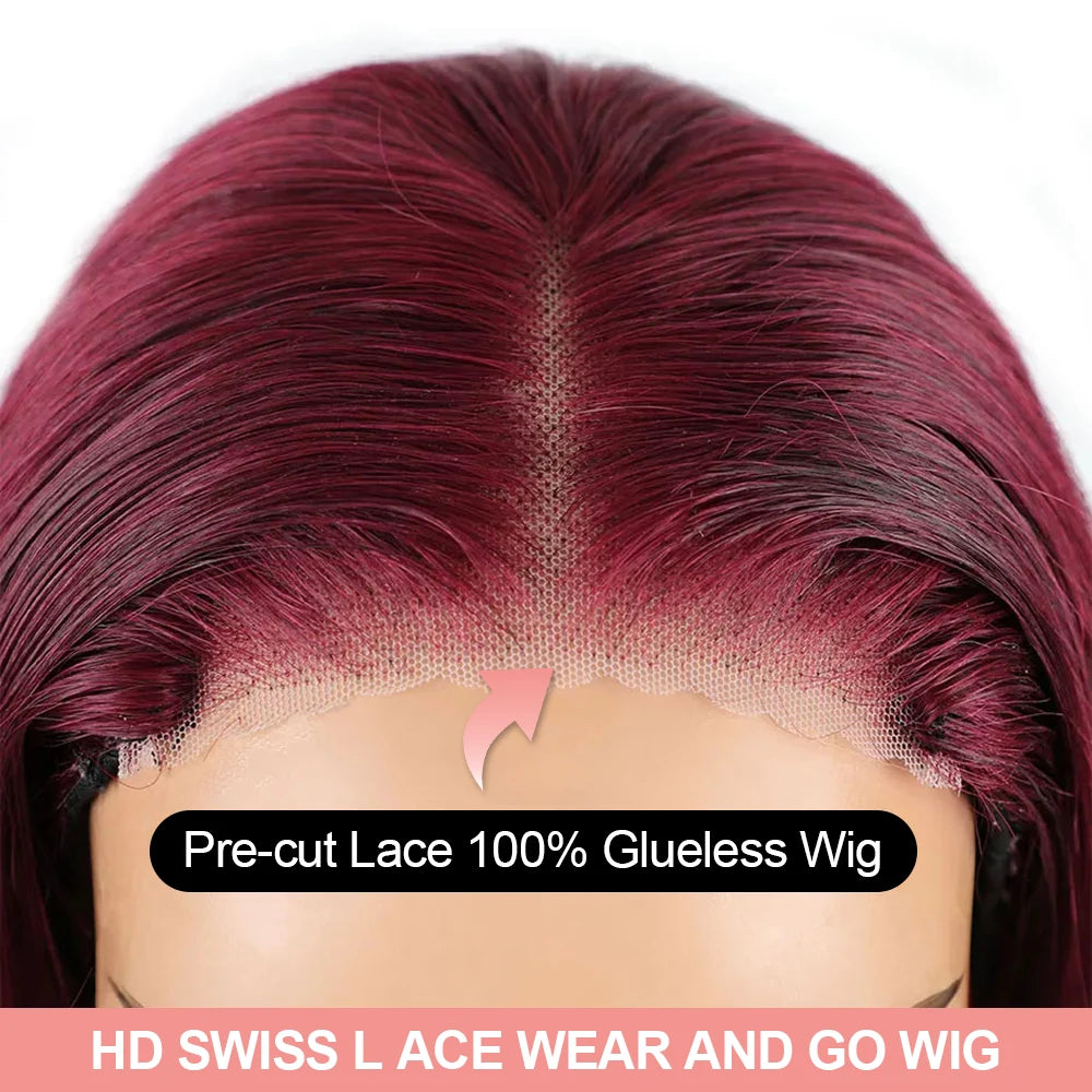 Burgundy Transparent Lace Frontal Human Hair Wig 7x5 Glueless Red 99J Straight Colored 13x4 Lace Front Human Hair Wigs For Women