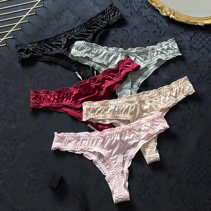 New Women's Underwear Thong Thin Seamless Panties Low Waist Ice Silk Ruffle Satin Elastic Brief Female Breathable Underpants