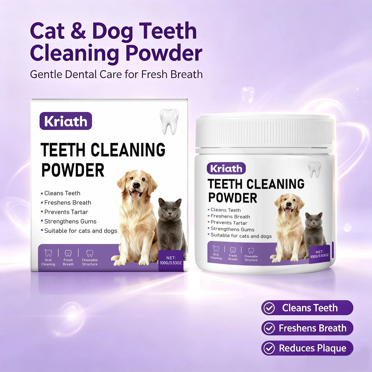 Pet Dental Powder for Dogs and Cats Reduces Tartar and Plaque Freshens Breath Improve Oral Odor Daily Pet Oral Hygiene Powder