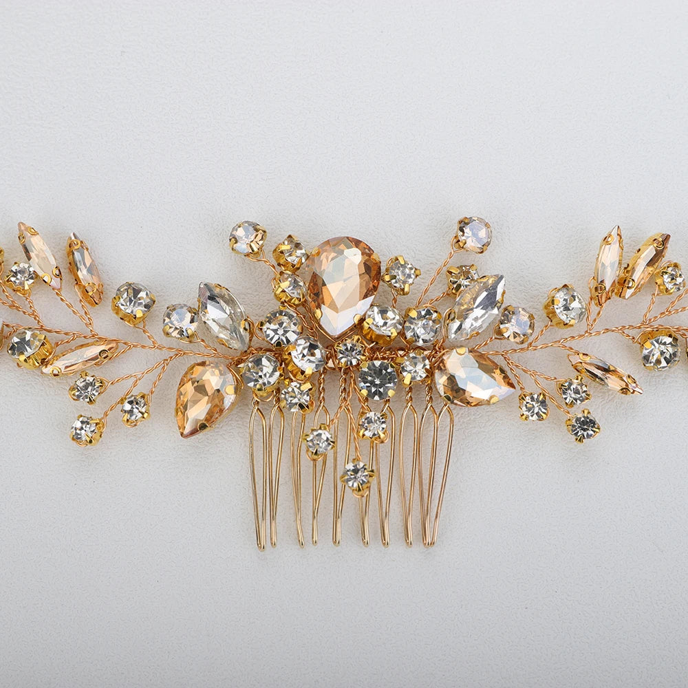 Crystal Flower Bride Hair Accessories Red Wedding Head Jewelry Blue Rhinestone Headdresses Women Hair Comb 9 Colors Headpieces