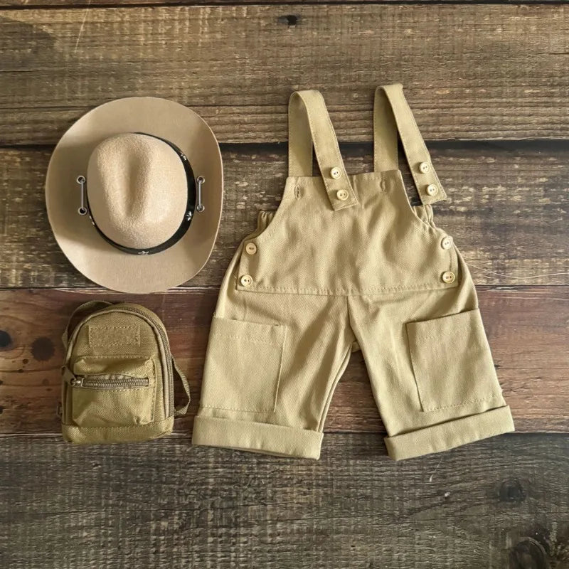 3pcs/set Adorable Baby Suit, Newborn Photography Outfits Retro Overalls Tool Kit + Hat, Western Cowboy Style Shooting Props