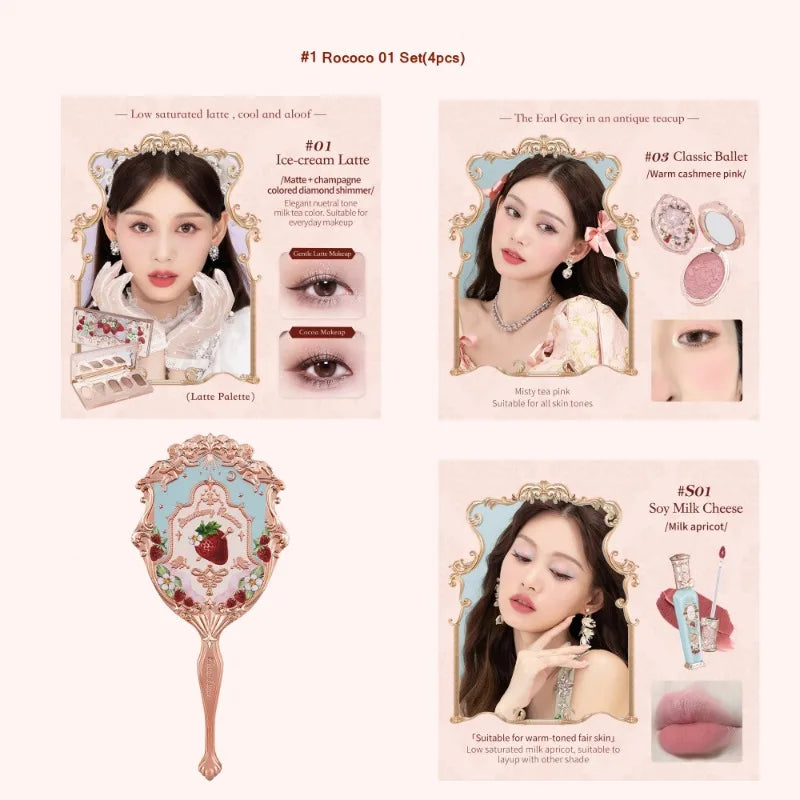Flower Knows Strawberry Rococo Series Makeup Set Glitter Matte Eyeshadow Palette Blusher Power Velvet Lipstick Kit Perfume Set