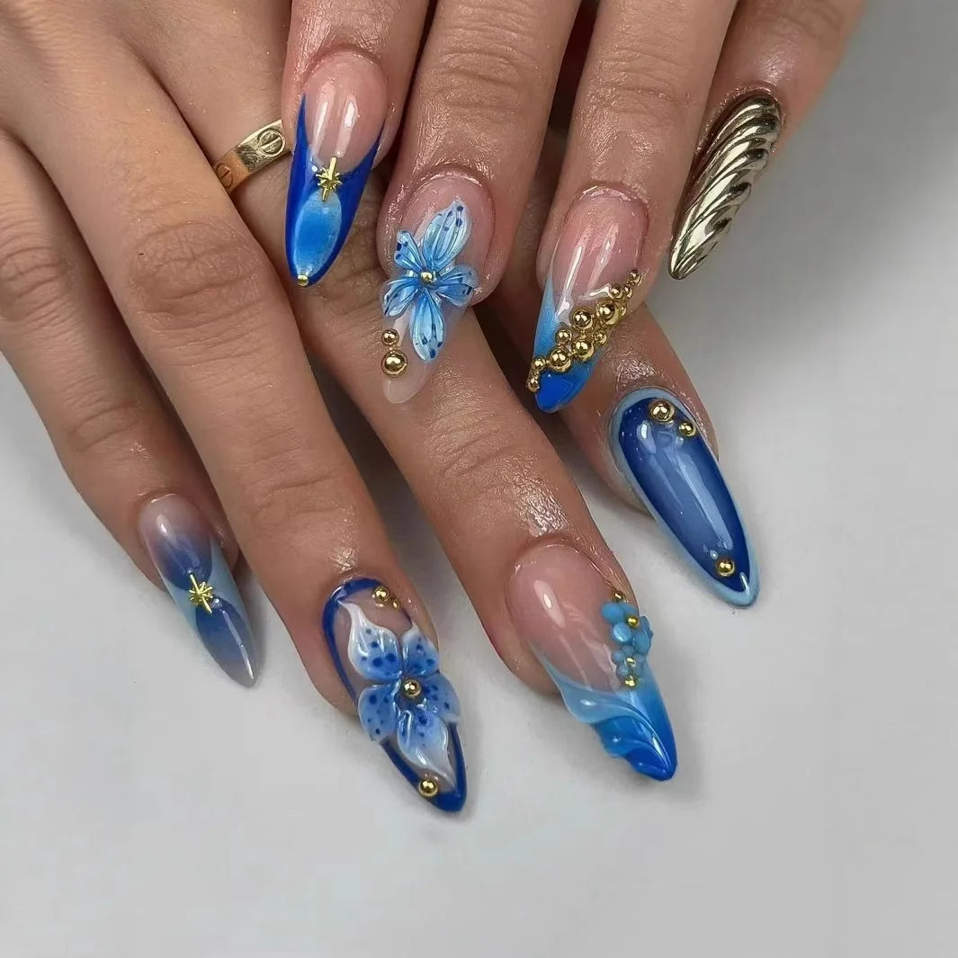 24pcs Long Almond False Nails with Flower Pearl Rhinestone Design Fake Nails Leopard Print Press on Nails Sets Finished Manicure