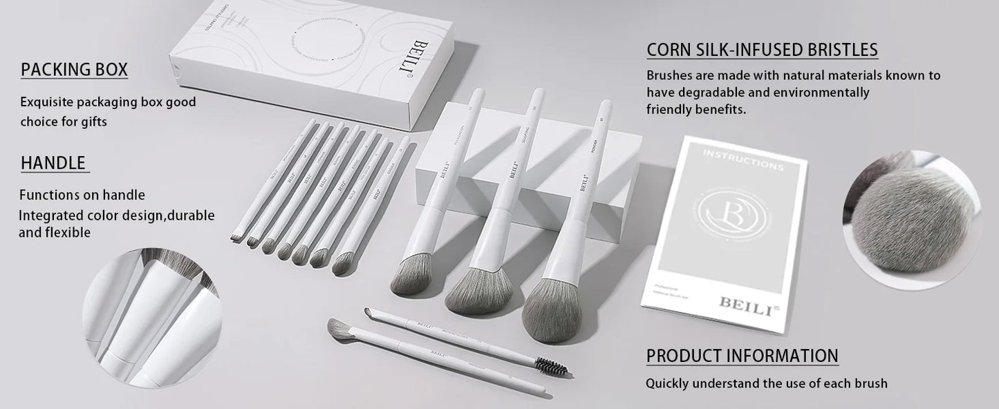 BEILI Vegan Professional Makeup Brush Set 12 Pcs Corn Bamboo Silk Angle Powder Foundation Eyeshadow Eyeliner Brushes Cosmetics