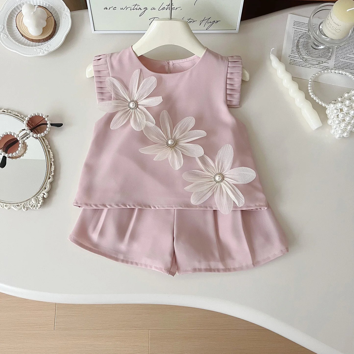Children's Suit For Girls Summer Cute Three Flowers Short Sleeve Tshirt + Shorts 2 PC Sets Casual Outfit Baby Kids Clothing ﻿