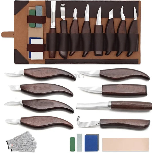 Woodworking Tools Professional Square Handle Woodcarving Vintage Leather Set 12 Pieces Furniture Detail Relief Project Essential