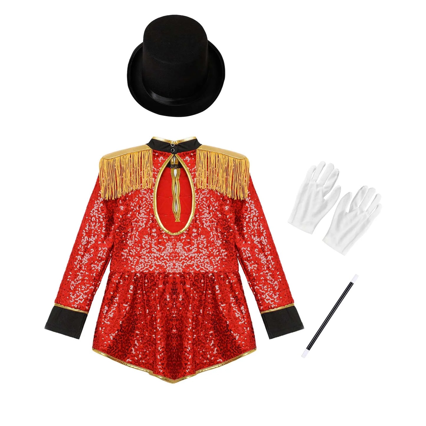Kids Girls Circus Ringmaster Magician Drum Band Costume Sequins Bodysuit with Hat Gloves Wand Halloween Carnival Fancy Dress Up