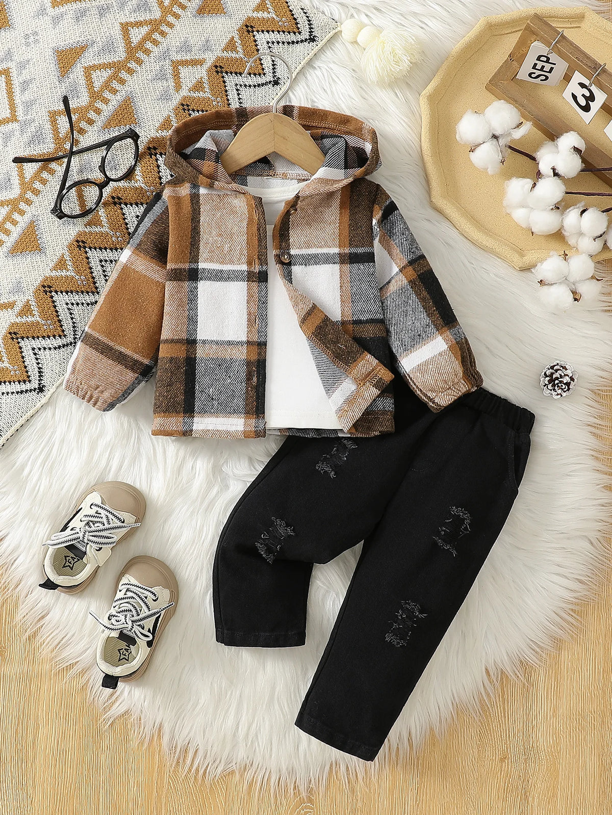 Baby boy autumn outfit casual style striped hooded jacket with ripped pants two-piece set for daily street wear