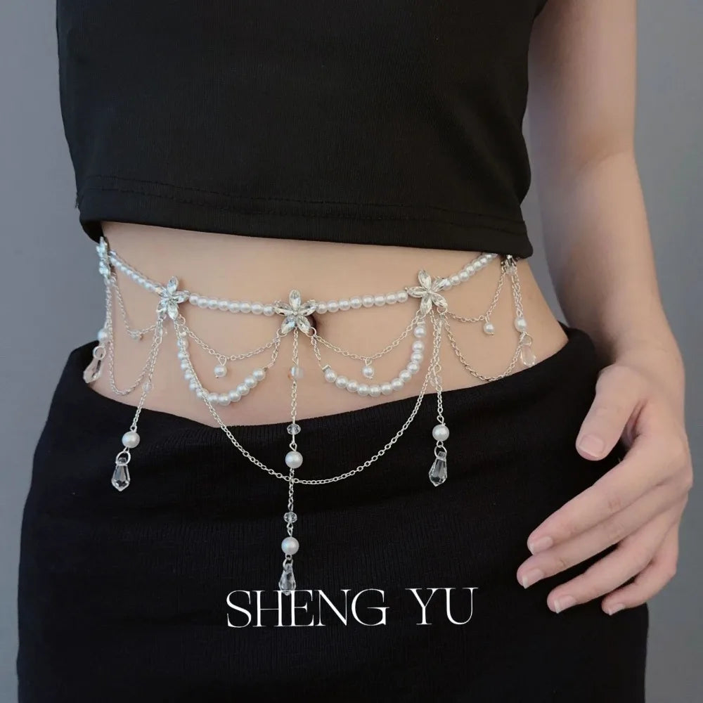 Fashion Elegant Pearl Waist Chains Waist Accessory Versatile Floral Belly Chain Boho Hip Chain Women