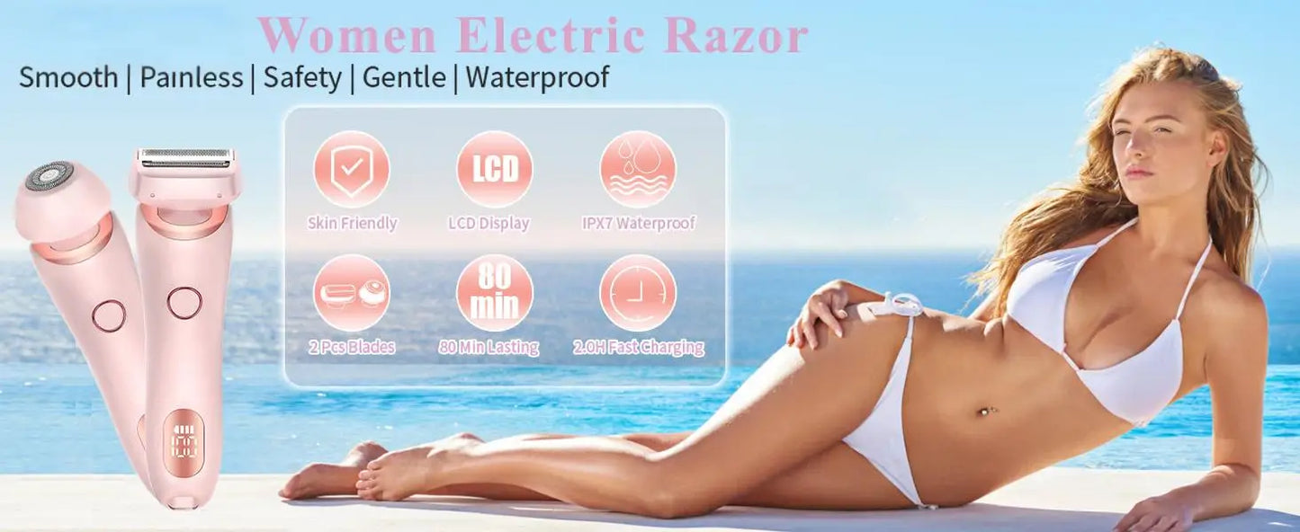 2 in 1 Lady Hair Removal Device Electric Shaver & Bikini Trimmer IPX7 Waterproof Face & Body Hair Remover for Legs Underarms