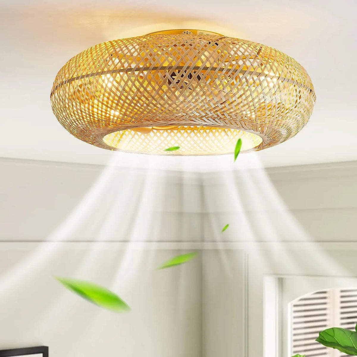 Bamboo Ceiling Fan Fans With Lights Remote Control Bedroom Decor Ventilator Lamp 50cm Air Invisible Blades Retractable Silent