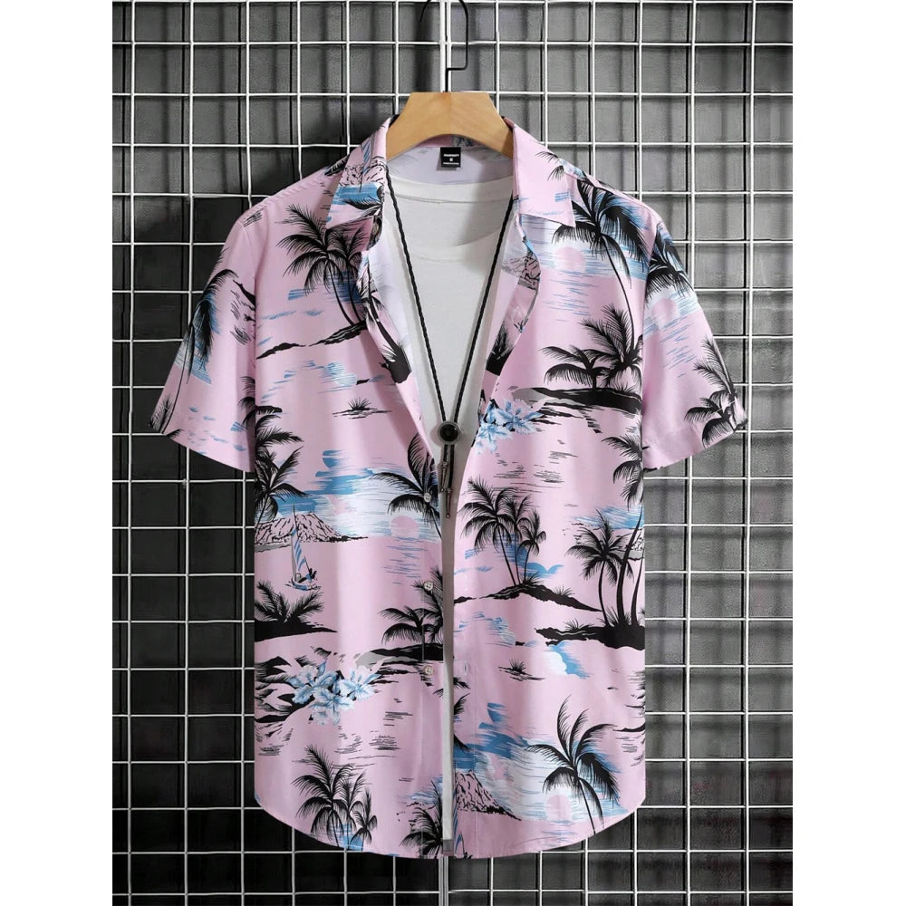 Men's Coconut Tree Graphic Print Short Sleeve Lapel Shirt Tops Men's Casual Button down Shirts Clothing Versatile Shirts