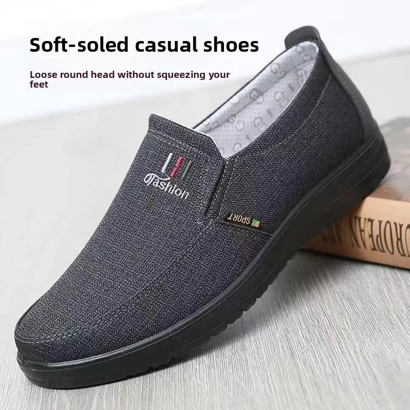 Beijing Men's Canvas Slip-On Shoes Soft Bottom Anti-Slip Breathable Casual Shoes round Toe Cotton Lined Plastic Outsole
