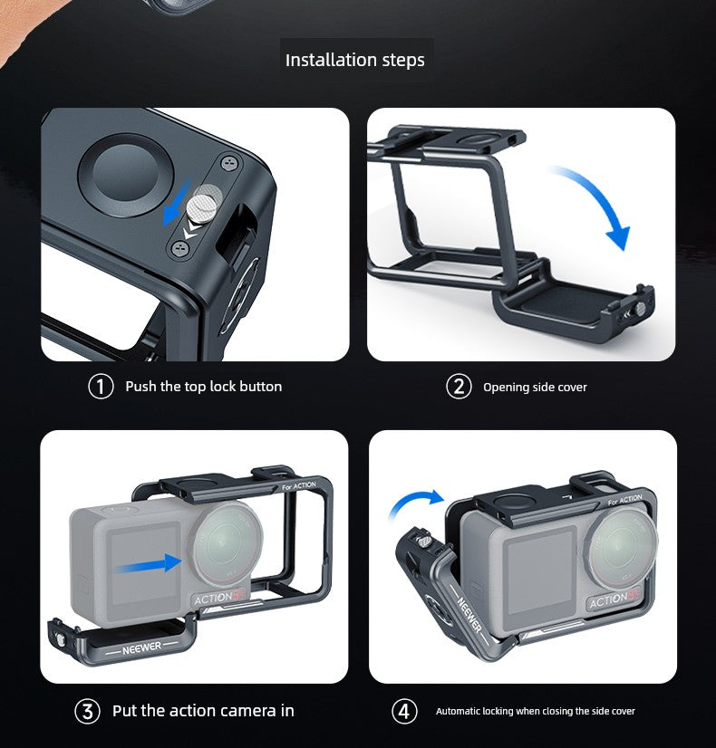 Neewer Cage for Dji Action 6/5 Pro/4/3 Metal Protective Frame Action Camera Anti-Drop Heat Dissipation Side-Open Quick Release Protective Selfie Video Cycling Skateboard Accessories