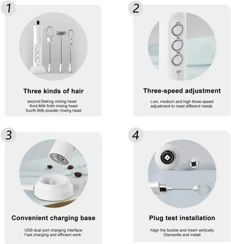 Wireless Rechargeable Electric Milk Frother - 3 Speeds, Handheld Foam Maker for Latte, Cappuccino, Hot Chocolate - USB Rechargea
