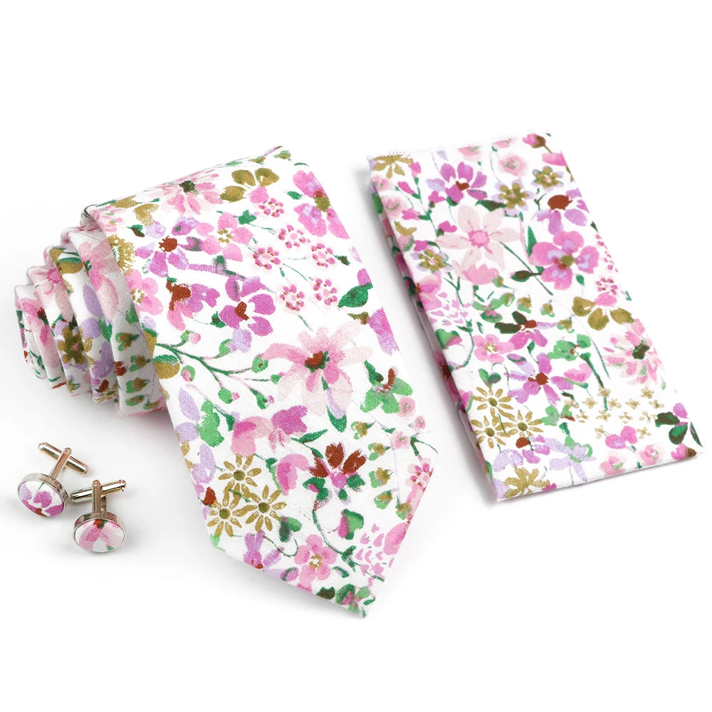 Hot Sell 3PC Chic Elegant Floral Tie Set Pocket Square Cufflinks For Men Women Wedding Party Dinner Suit Tuxedo Accessory Gift