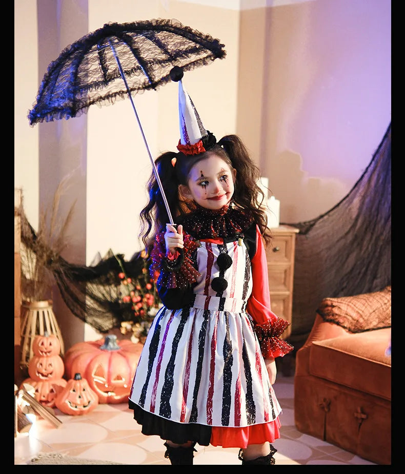 Halloween Cosplay Costumes Horror Clown Dresses Pants Headwear Clothes Sets Carnival Theme Party Role Playing Outfits for Girls