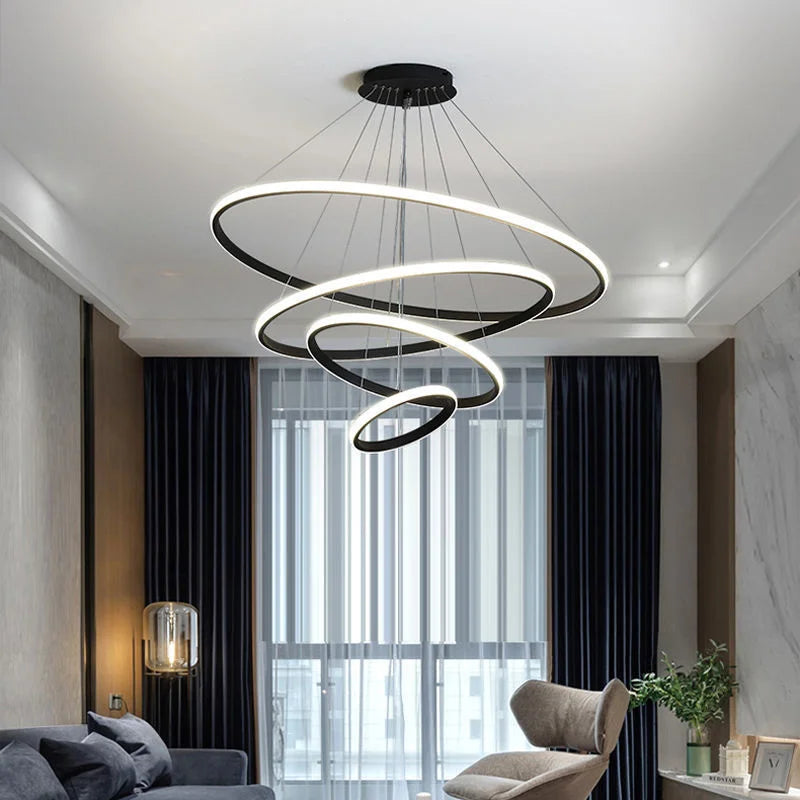 Led Circle Ceiling Hanging Chandelier Rings  Black Loft Living Dining Room Modern Pendant Lamp Kitchen Indoor Lighting Fixture