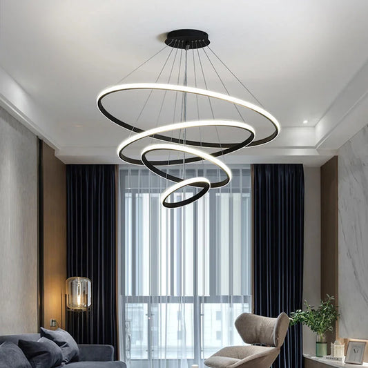 Led Circle Ceiling Hanging Chandelier Rings  Black Loft Living Dining Room Modern Pendant Lamp Kitchen Indoor Lighting Fixture