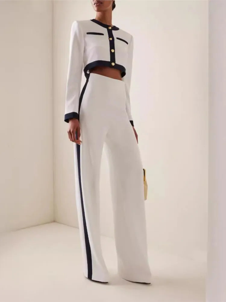 Elegant Women Slim Office Outfit Spring Autumn Fashion Contract Color Show Style Long Sleeve Button Tops & High Waist Pants Suit