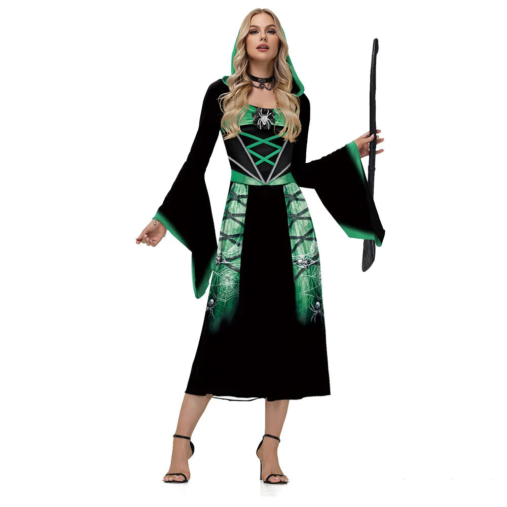 Halloween Skeleton Cosplay Costumes for Women Medieval Robe Vintage Party Hooded Dress Witch Scary Clothes Day of The Dead